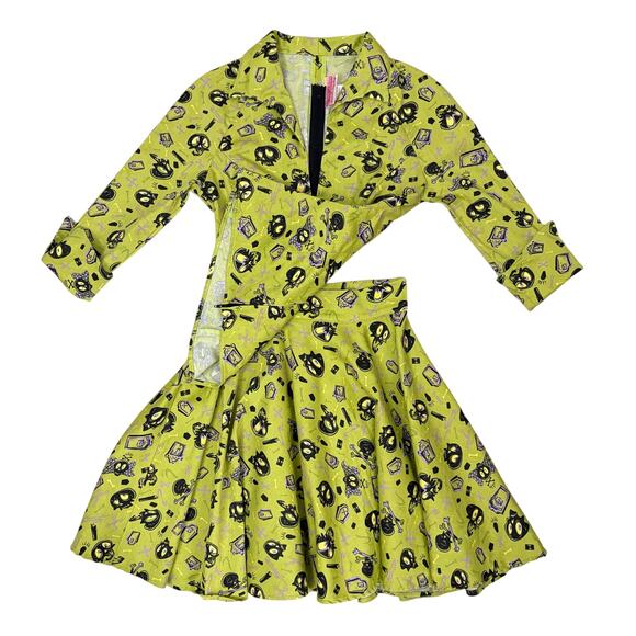 Pinup Couture Lime Green Spooky Skeleton Print 2 Piece Set Top & Skirt Sz S - Picture 6 of 13